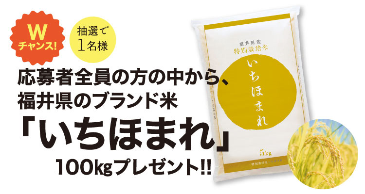 Wチャンス！応募者全員の方の中から、福井県のブランド米「いちほまれ」100kgプレゼント！！